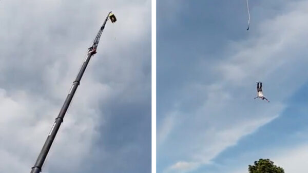 Door falend elastiek was deze bungeejump bijna zijn laatste geweest