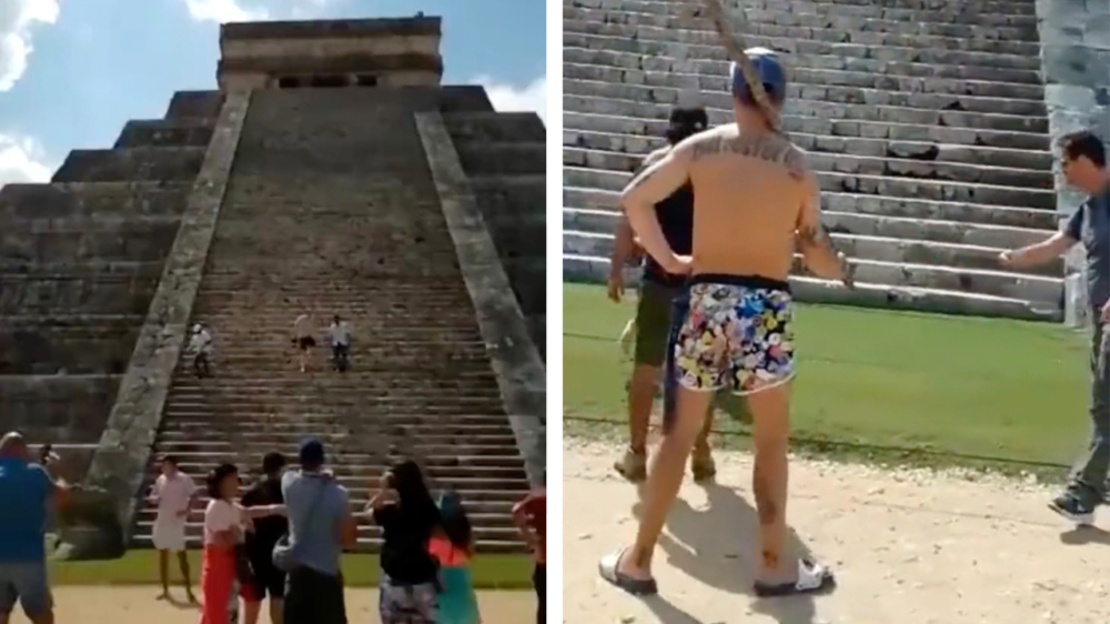 Respectloze toerist die op een Maya-tempel klimt wordt met stok gemept