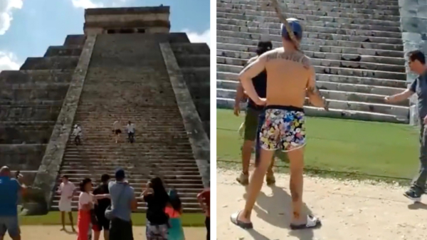 Respectloze toerist die op een Maya-tempel klimt wordt met stok gemept