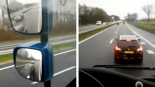 Deze automobilist heeft blijkbaar een BLOEDHEKEL aan vrachtwagens