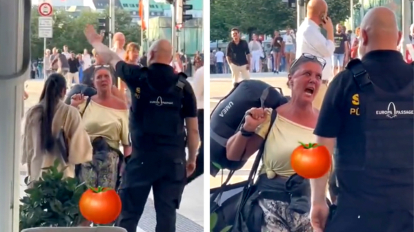Overrijpe tomaat schreeuwt de huid van een Duitse politieagent vol