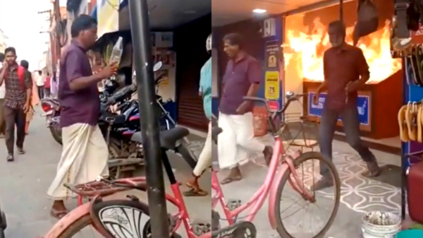 Gewetenloze Indiër zet telefoonwinkel met een lading benzine in de hens