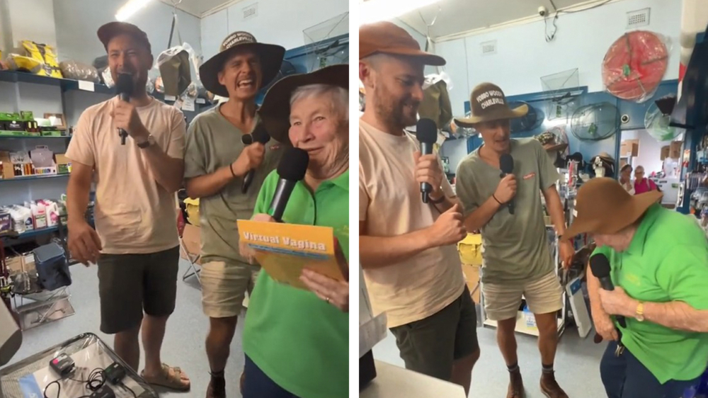 Australische oma geeft rondleiding in haar winkel en eindigt met schuine grap