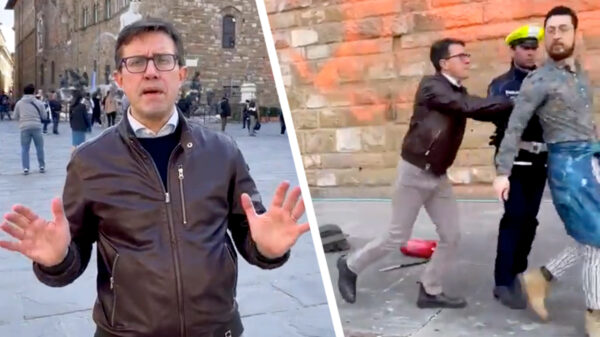 Burgemeester Florence pakt klimaatactivist aan die het Palazzo Vecchio besmeurt