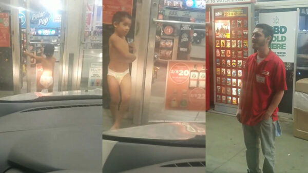 Peuter met alleen een luier aan blijkt nu al een bedreven winkeldief te zijn