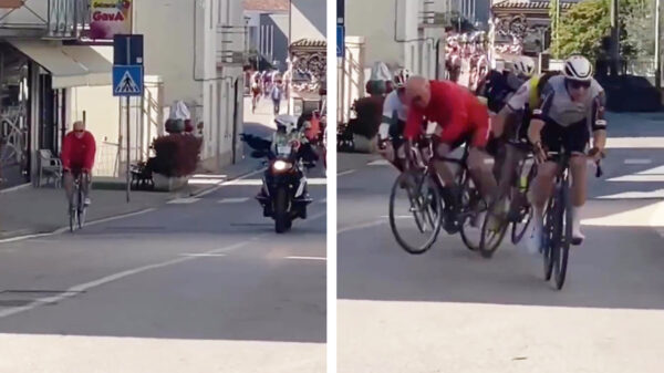 Opa let even niet op en veroorzaakt knetterharde valpartij in wielerpeloton