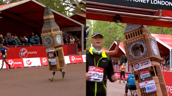 Lukas "Big Ben" Bates strandt op de finishlijn van de marathon in Londen