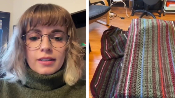 Creatieve dame heeft na een jaar werken eindelijk haar speciale deken af