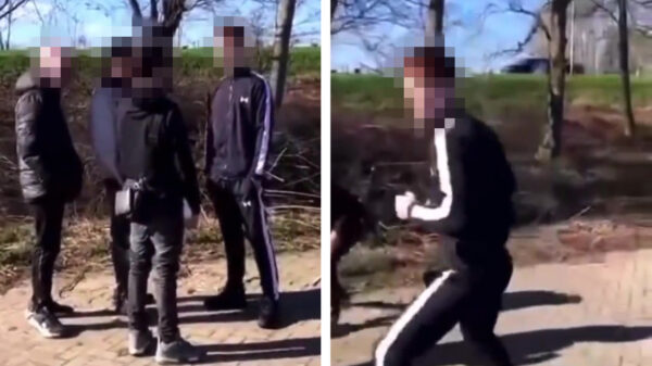 Drie jochies zoeken ruzie met een andere jongen, maar die weet zich prima te verdedigen