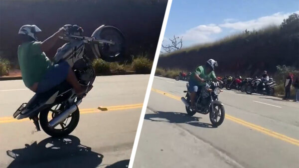 Hè, hè, eindelijk een motorrijder met een geslaagde wheelie