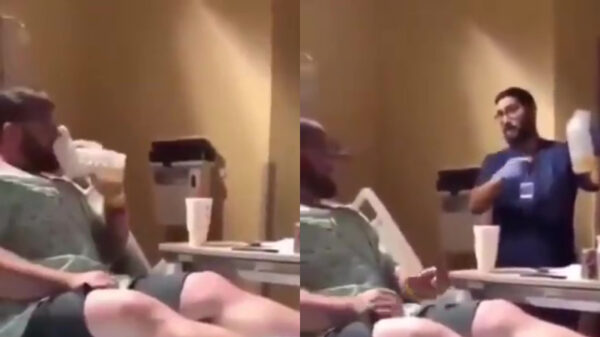 Dorstige kerel pakt verkeerde fles en krijgt een iets te zout drankje binnen