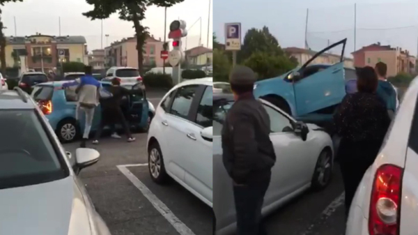 Ruzie op Italiaanse parkeerplaats eindigt met lompe crash