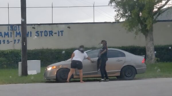 Amerikaanse vrouw klimt na ruzie bovenop de motorkap van haar vent