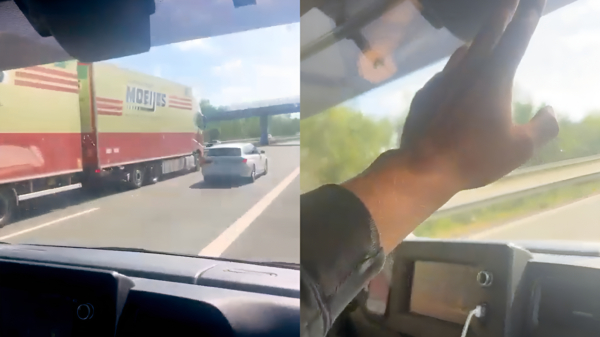 Vrachtwagenchauffeur helpen die kilometerslang door Duitser wordt getreiterd