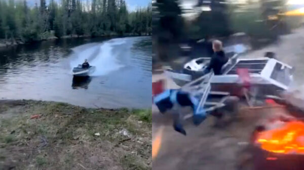 Deze Redneck heeft duidelijk geen zin om zijn bootje rustig aan te meren