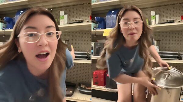 Keukenprinses test akoestiek van haar nieuwe pan voordat ze hem aanschaft