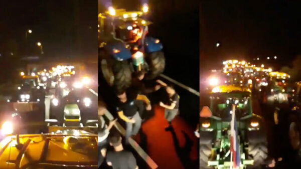 Protesterende boeren beginnen de dag met een gezond stukje ochtendgymnastiek op de snelweg