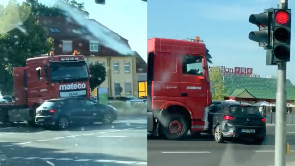 Vrachtwagenchauffeur in Erfurt duwt 32-jarige automobilist de kruising over