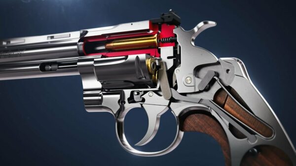 3D-animatie laat het geavanceerde mechanisme van een revolver zien