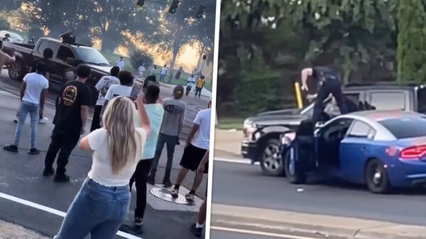 Donuts draaiende idioot in pickup rijdt omstanders aan terwijl hij voor politie vlucht