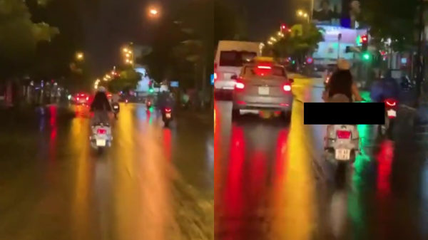 Dankzij de wind krijgen we een prima uitzicht op de bips van deze scooterdame