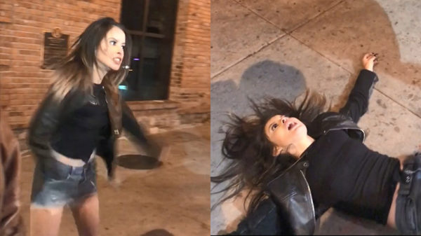 Bezeten drugsgekkie wordt naar de grond gewerkt als ze een gast aanvalt