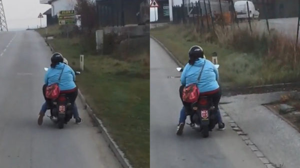 Scooterbink probeert met zijn nieuwe vriendin een belachelijk steile heuvel op te komen