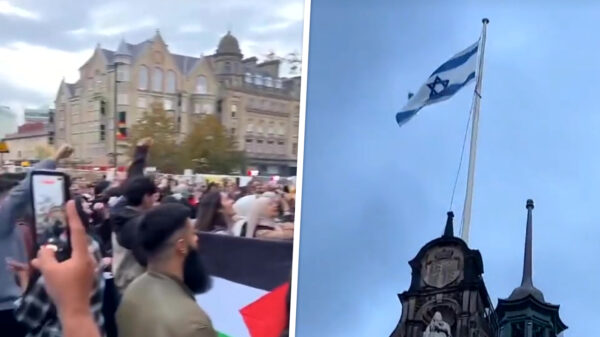 Ook in Sheffield haalden pro-Hamasdemonstranten de Israëlische vlag naar beneden