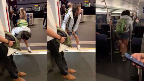 Een station is voor deze dame een prima plek om haar blaas te legen