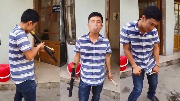 Kerel tript hem helemaal de pan uit na flinke hijs van Vietnamese tabak