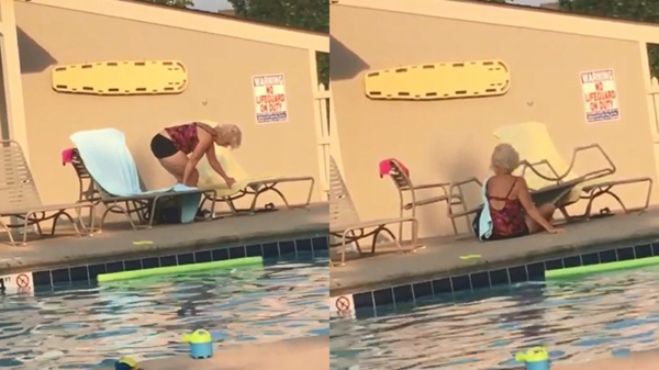 Bezopen vrouw heeft bij het zwembad ruzie met ingewikkelde ligstoel