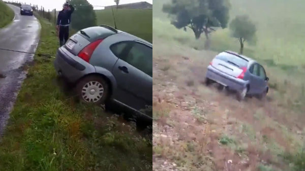 Een auto uit de berm trekken gaat niet geheel zoals gepland