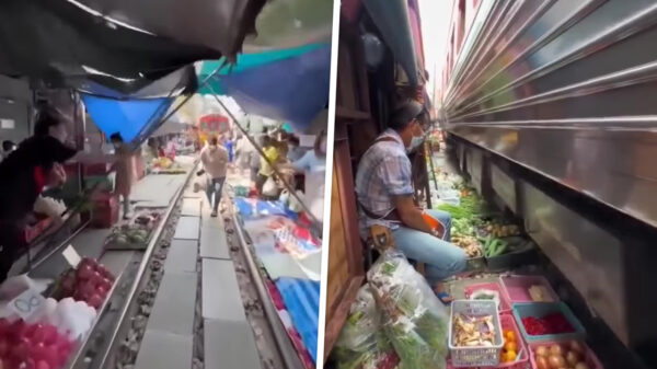 Welkom op de Thaise markt waar een trein dwars doorheen rijdt