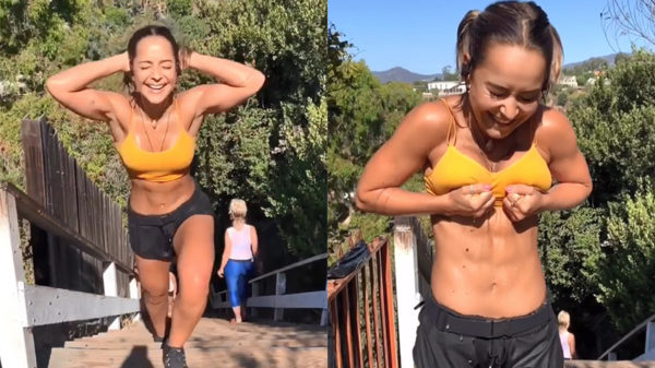 Fitgirl met leuk karakter is behoorlijk bezweet en komt even uitdruipen