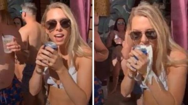 Blonde bikinidame doet keurige shotgun