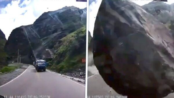 Bizarre video: gigantische rotsblokken rollen van berg en pletten vrachtwagen in Peru