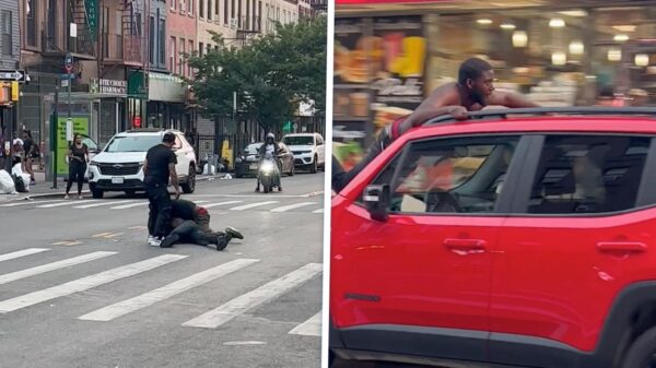 Ondertussen in New York: drugsgekkie klimt op auto en krijgt gratis ritje