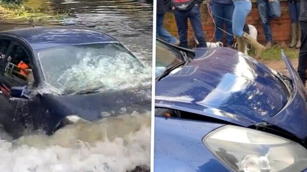 Eigenwijze Engelse automobilisten knallen dwars door overstroomde weg