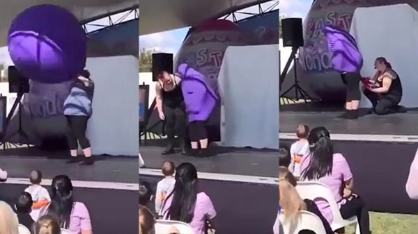 Gekke Gerrie doet dansje met een ballon over d'r hoofd en stikt bijna