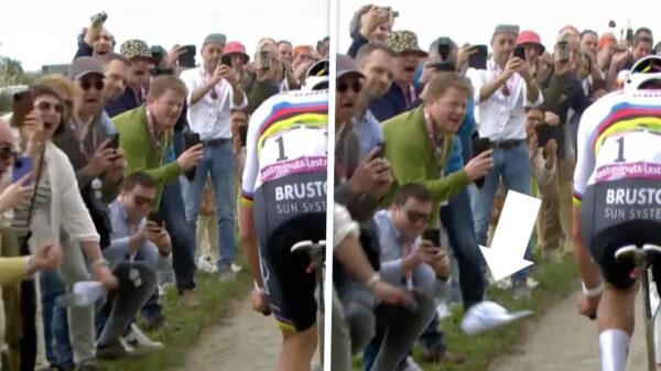 Vrouw gezocht die petje naar het wiel van Mathieu van der Poel gooit tijdens Parijs-Roubaix