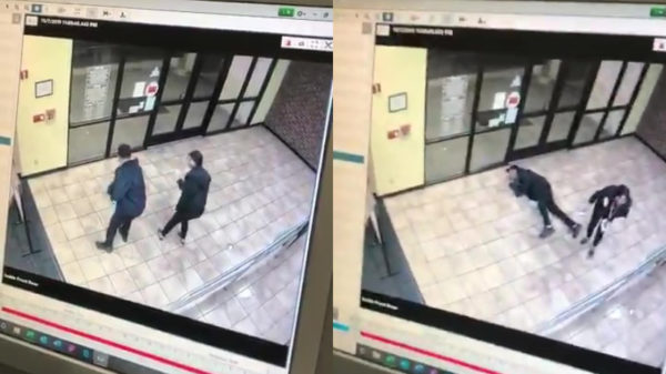 Straalbezopen stelletje probeert via gladde vloer de pinautomaat te bereiken