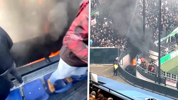 Tribunebeelden van de brand waardoor bekerfinale Feyenoord - NEC werd stilgelegd