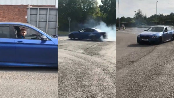 Patser slooft zich uit en parkeert zijn blinkende BMW M5 tegen een container