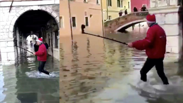 Selfiestick-toerist maakt historische foto van een overstroomd Venetië