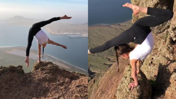 Deze lenige dame met een doodswens is keurig in balans