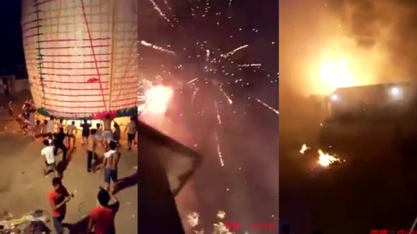 Enorme lantaarn vol vuurwerk komt zo weer brandend naar beneden