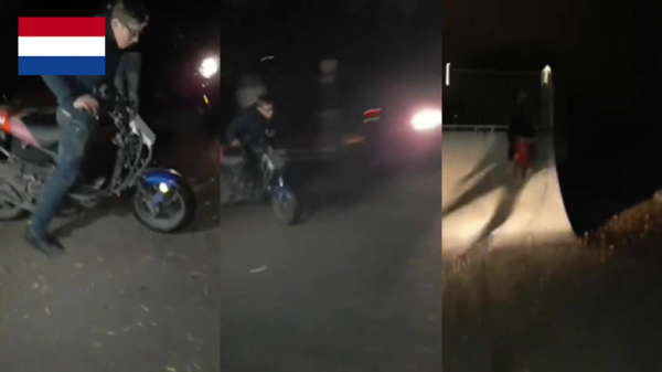 Nederlandse scooter-idioot gaat met glans van de schans