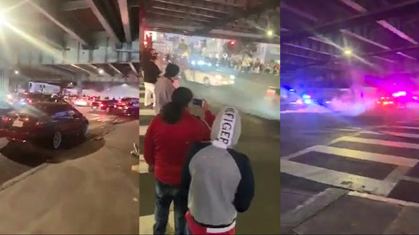 Jongeren blokkeren het verkeer zodat groep auto's Fast & Furious kan nadoen