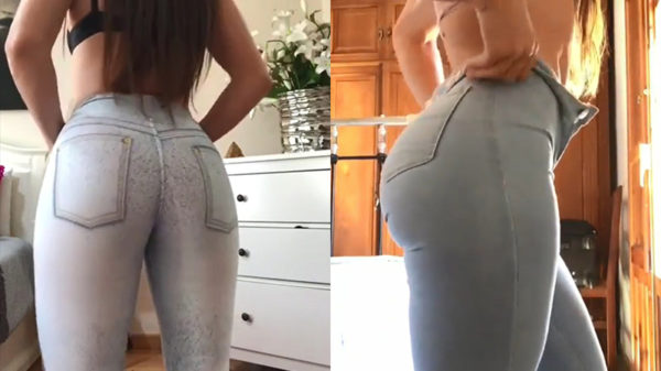 Haar rondingen zitten behoorlijk in de weg bij het aantrekken van d'r nieuwe broek