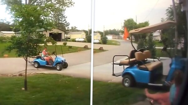 Een golfkar parkeren blijkt bijzonder ingewikkeld met een telefoon in je handen